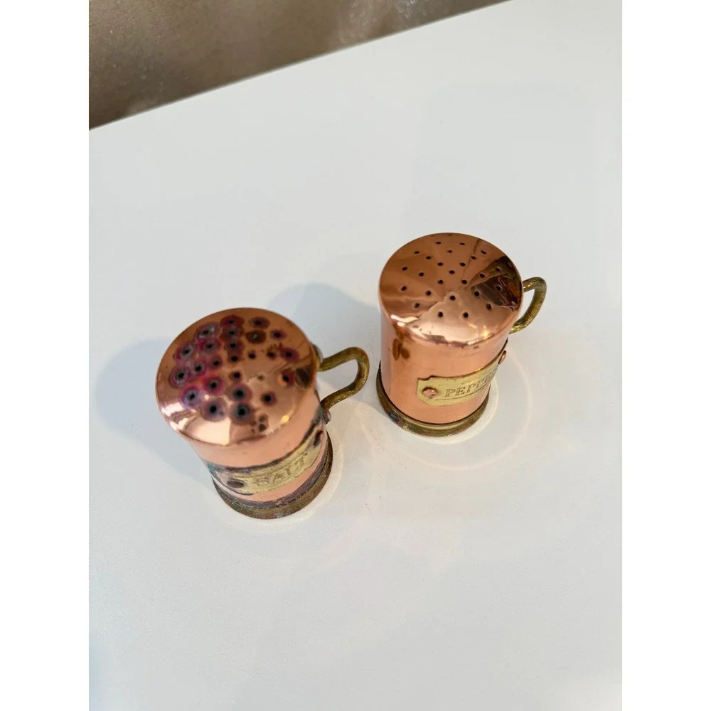 Vintage Copper and Brass Salt and Pepper Shakers Rustic Mug Tankard Set